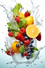 Fototapeta na wymiar Fresh multi fruits and vegetables splashing into blue clear water splash healthy food diet freshness concept isolated white - Generative AI