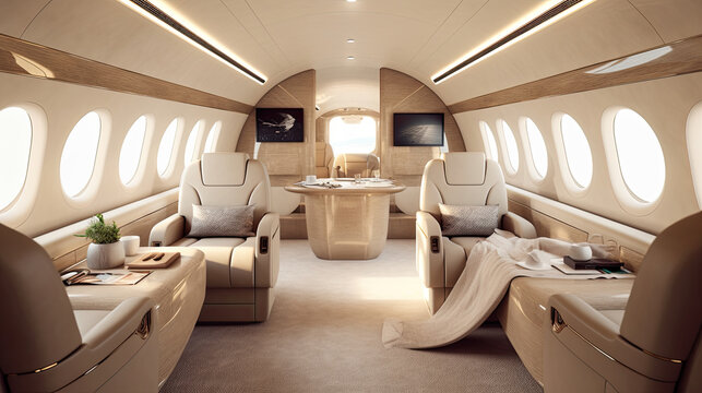 Cabin of luxury private jet. Empty aircraft with white leather chairs. Generative AI