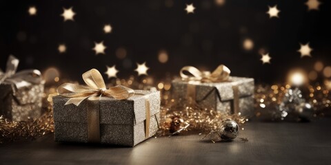 Obraz na płótnie Canvas Beautiful Christmas gift boxes. Christmas and New Year surprise gift box. night bright shiny lights blurred golden bokeh. generative ai
