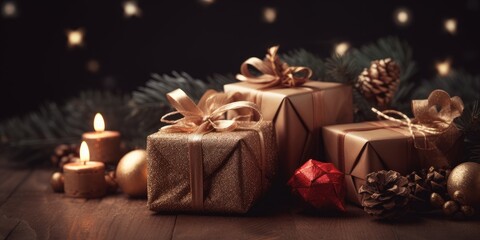 Fototapeta na wymiar Beautiful Christmas gift boxes. Christmas and New Year surprise gift box. night bright shiny lights blurred golden bokeh. generative ai