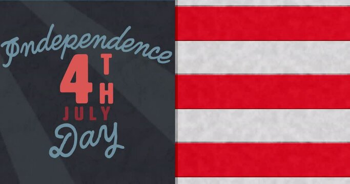 Animation of 4th july independence day text over white and red stripes on black background