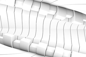 Black and white curved boxes twist abstract background 3D render illustration