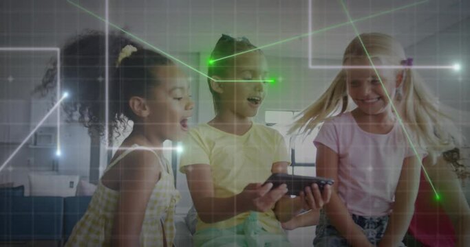 Animation of glowing network over multiracial schoolgirls using tablet at break time
