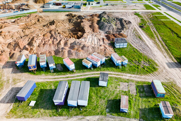 Mobile office buildings or container site office for construction site. Residential town of builders. Temporary facility to house workers.