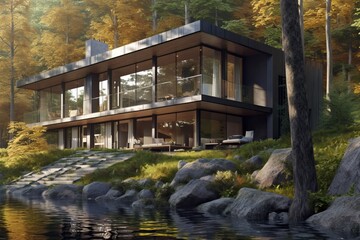 Obraz premium Modern house with pool in a natural environment, generative ai
