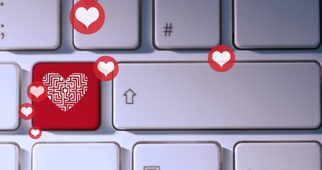 Animation of social media love heart icons and data processing over computer keyboard - Powered by Adobe