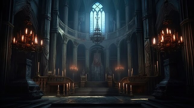 Gothic interior illuminated with candles, generative ai
