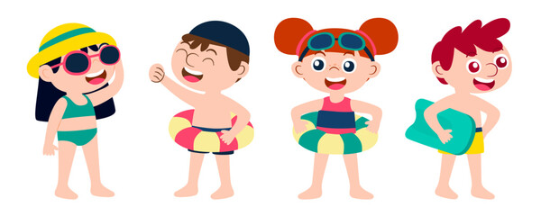 Set of boy and girl wear swimming wear with buoy character vector design.