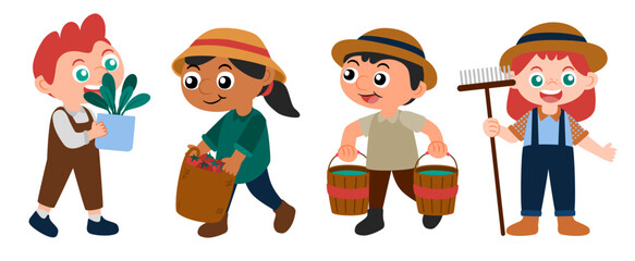 Set of boy and girl wear farmer wear with tools character vector design.