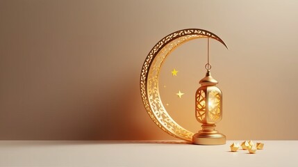Eid Mubarak islamic design crescent moon and Golden Lantern. Creative concept of Islamic celebration. copy space text generative ai