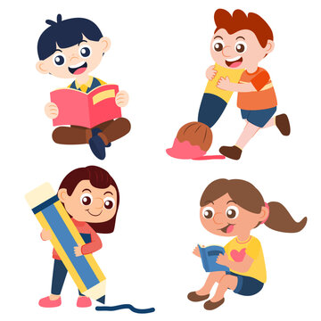 Set of boy and girl wear school uniform with school supplies character vector design.