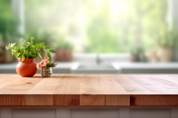 Empty wood table in front in kitchen room blurred background concept image for product Generative AI	
