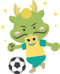サッカーをプレーする辰年のかわいい龍のイラスト