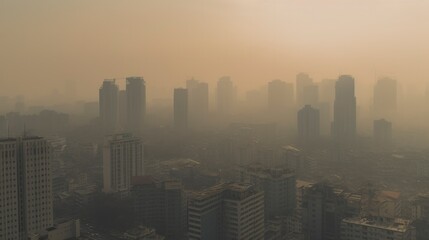 Smog and fine dust covered city in the morning. Generative AI