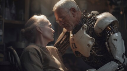 A humanoid robot nursing old woman. Generative AI