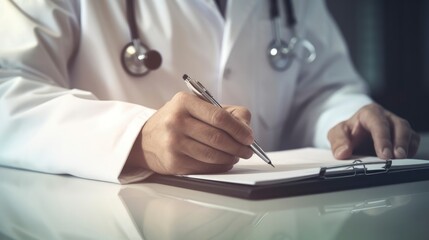 Close-up of a male doctor hand holding a pen and writing. Generative AI