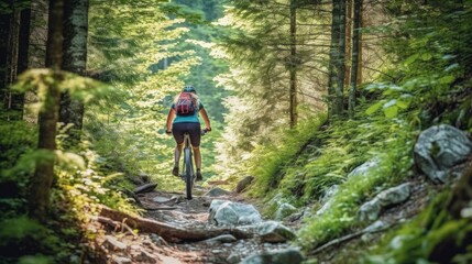 Obraz premium Mountain biking women riding on bike in summer mountains forest landscape. Generative AI