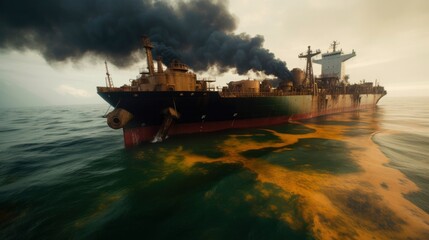 Ship burning and oil leak from ship. Generative AI - obrazy, fototapety, plakaty