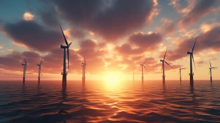 Obraz premium Offshore Windmill farm in the ocean. Generative AI