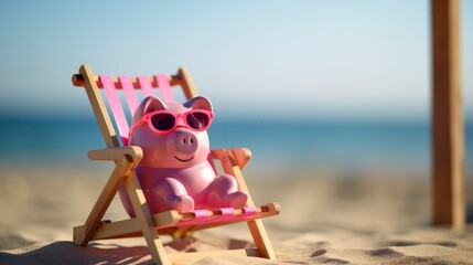 Obraz na płótnie Canvas Pink piggybank with sunglasses on deck chair at beach. Generative AI