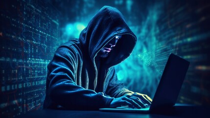 Hacker typing on laptop. Generative AI