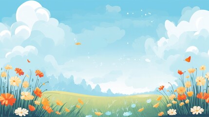 Hello spring background with different flowers on blue sky background. Generative AI