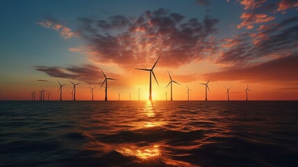 Offshore Windmill farm in the ocean. Generative AI