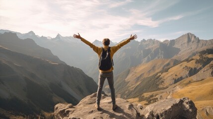 Male hiker with arms outstretched on top of mountain. Generative AI - obrazy, fototapety, plakaty
