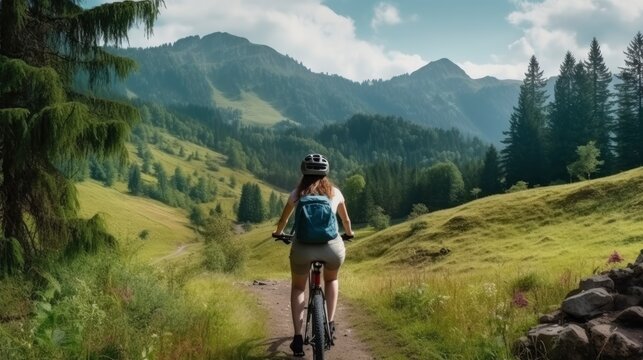 Female mountain bike rider. Generative AI