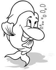 Drawing of a Cheerful Fish with a Big Smile and Air Bubbles
