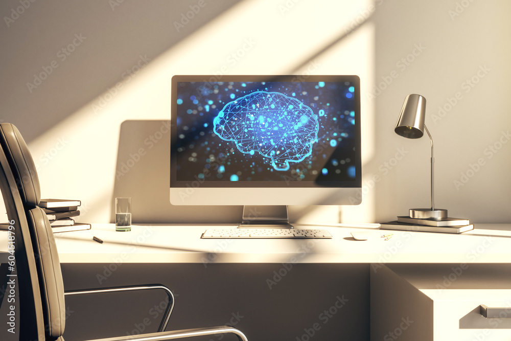 Aufkleber creative artificial intelligence concept with human brain hologram on modern laptop screen. 3d rende