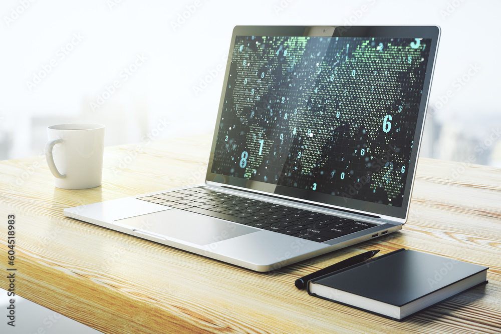Leinwandbilder modern computer screen with abstract graphic coding sketch and world map, big data and networking co