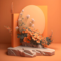 Podium Stand with Orange Pastel. Product Display with Nature Rock Palm Scene Background.