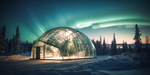 Fototapeta premium Glas Igloo mit Nordlichtern KI