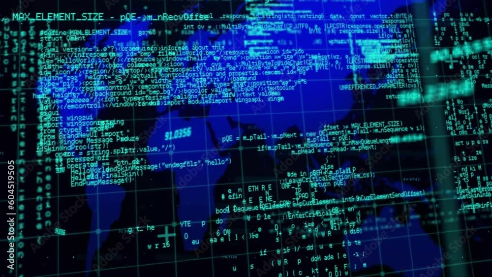 Poster animation of data processing over grid network against world map on black background
