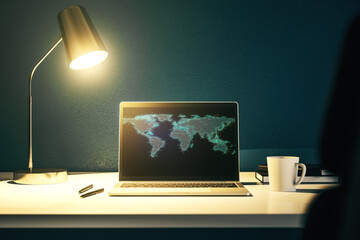 Computer monitor with abstract creative digital world map, globalization concept. 3D Rendering