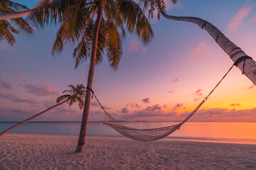 Beautiful silhouette of hammock on palm trees on tropical beach paradise at sunset. Carefree...