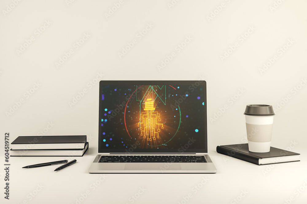 Aufkleber Creative idea concept with light bulb and microcircuit illustration on modern laptop screen. Neural networks and machine learning concept. 3D Rendering