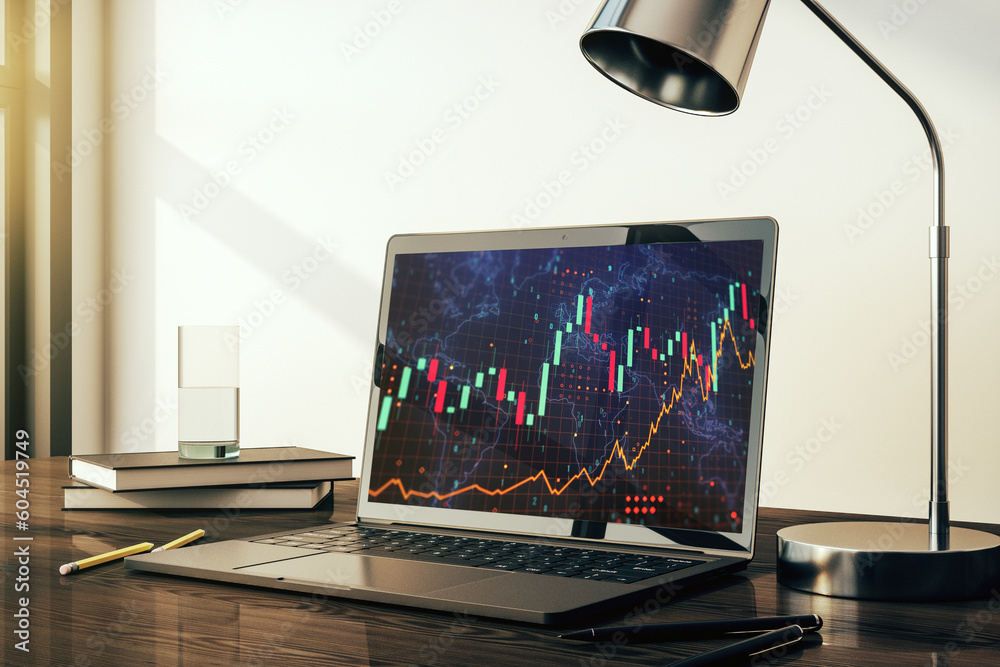 Leinwandbilder modern computer display with abstract financial graph with world map, financial and trading concept.