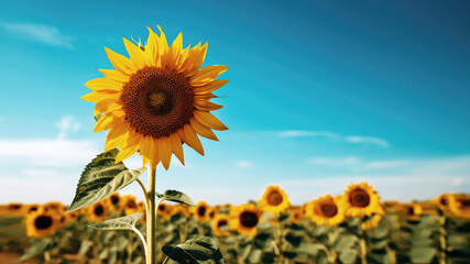 Einzelne Sonnenblume im Feld vor blauen Himmel, Generative AI