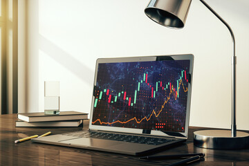 Modern computer display with abstract financial graph with world map, financial and trading concept. 3D Rendering - obrazy, fototapety, plakaty