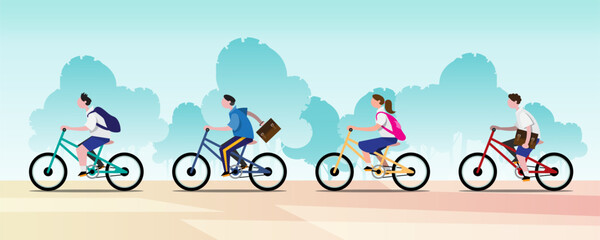 Groups of students ride bicycles to go to school having fun.