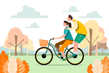 Cartoon people characters Valentine concept. Two happy couple riding on bicycles in park.