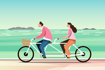 Two happy families riding on tandem bicycles on the beach in happy season time.
