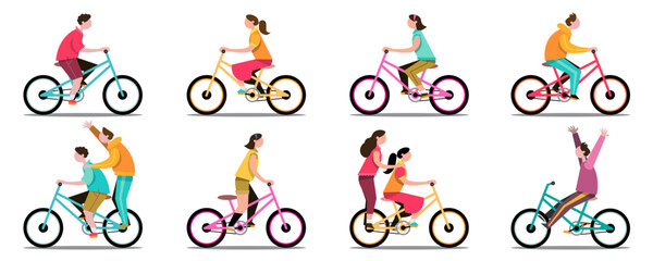 Groups of children ride bicycles in a park having fun during the school holidays.