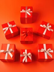 Fototapeta premium Background with gift boxes. Gift box flat top view. Poster surprise birthday, valentine's day, wedding and anniversary. generative ai
