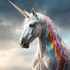 Obraz na płótnie Canvas unicorn with colored mane white color snow created with Generative Ai technology