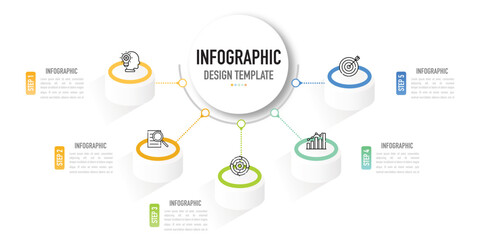 Circular isometric mind map infographic template or element with 5 step, process, option, colorful 3D circle, column, stage, button, bar, minimal, modern style for sale slide, flowchart, workflow, web