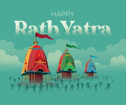 illustration of Lord Jagannath, Balabhadra and Subhadra on annual Rathayatra in Odisha festival background