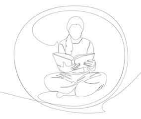 One continuous line of speech bubble with girl reading a book. Thin Line Illustration vector education concept. Contour Drawing Creative ideas.